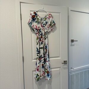 NWT Blue Island XS Floral White Dolman Empire Waist Long Cover Up Dress